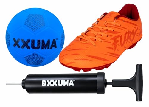 XXUMA Kids Soccer Cleats with Ball and Pump Set, Black Gold Indoor Outdoor Football Shoes Combo Pack (Orange/Red, UK Footwear Size System, Adult, Men, Numeric, Medium, 5)