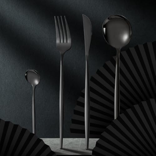 Image of 4 pcs Flatware Set, Black Silverware Set for 1, Knife Fork Spoon, Stainless Steel Home Dinnerware Tableware,Mixed Cutlery Set Eating Utensils for Restaurants (4 Pcs Black)