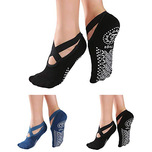 Yoga Socks for Women - Non Slip Grips with Straps, Ideal for Home & Indoor Yoga, Ballet, Pilates, Barre, Dance (Blue+Black)