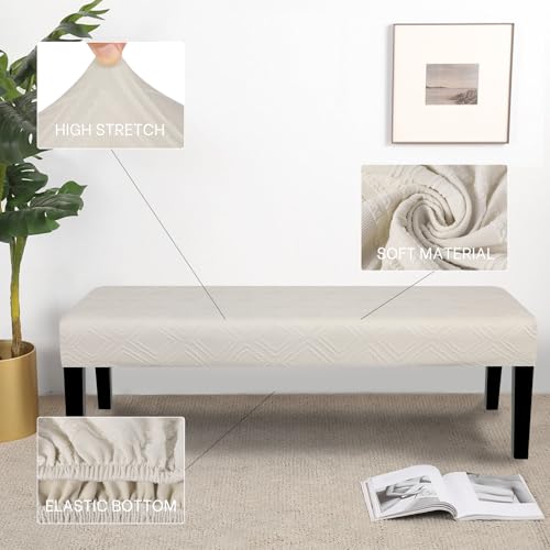 Image of SearchI Dining Bench Cover, Stretch Washable Long Bench Seat Covers, Rectangle Dining Table Bench Slipover for Dining Room, Living Room, Kitchen(Frame Rhombus Beige)