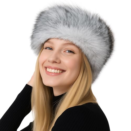 Barelove Faux Fur Headband with Stretch with Elastic for Women Winter Fluffy Western Earwarmer Earmuff Weather Headbands (White With Tips)