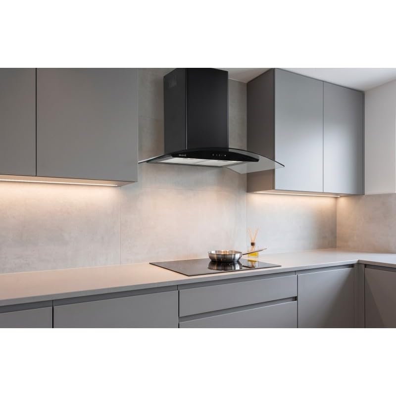 BELDEKO hotte decorative murale 90 cm verre noir 850 m3 h moteur brushless classe A+++ commande tactile et gestuelle