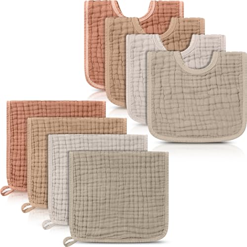 Image of Tallew 8 Pack Muslin Burp Cloths and Baby Bibs for Boy Girl 20 inch x 10 inch Cotton Baby Bandana Drool Bibs Muslin Burp Cloths Absorbent Rag for Newborn Toddler Infant Gifts(Brown Series)