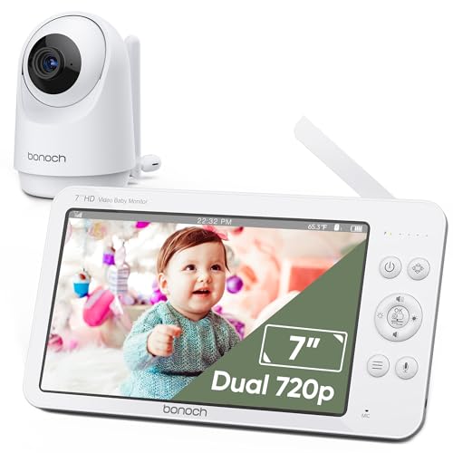 bonoch 7' Baby Monitor Video e Audio, 720P Batteria da 6000mAh, Modalità VOX Visione Notturna Automatica, Sicurezza da Hacking, PTZ Remoto, 8 Ninne Nanne Per Bambino/Anziano/Animale