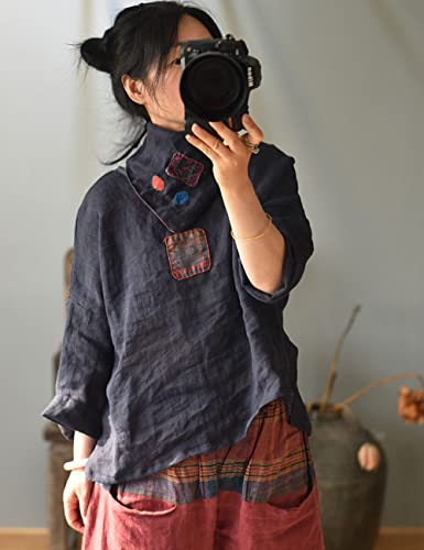 NFYM Womens Plant Dyed Linen Unique Patch Design 3/4 Sleeve Blouse Summer Tops4