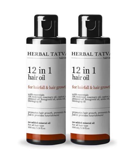 Image of Herbal Tatva 12-in-1 Hair Oil | For Hair Growth, Hair Fall Control & Healthy Scalp | Redensyl, Rosemary, Castor, Amla, Coconut, Almond, Bhringraj | 100% Pure, Natural & Organic | For Men & Women | (100ml x2)
