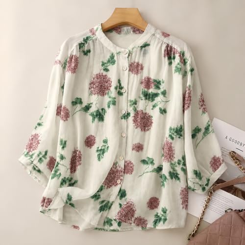 Image of Gufrina Women's Light Rose Floral Printed Button Down Shirt with Mandarin Collar and Relaxed Fit 3 /4 Sleeves