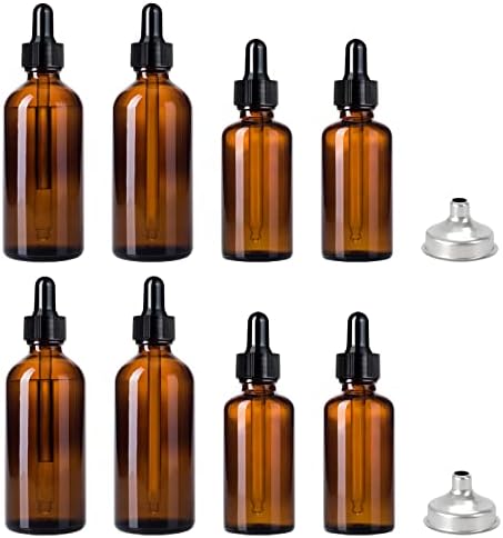 LXLOVESM 8 Pcs 1oz+2oz Amber Glass Dropper Bottle,Tincture Bottles with Eye Droppers,Leakproof Essential Oils Bottles,Come with 2 Stainless Steel Funnels