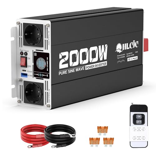 HLCJC Onduleur 2000W/4000W Pur Sinus 12V vers 230V, avec 2 Prises EU, 1x USB-C PD 30W, 1x USB-A QC 3.0 18W Charge Rapide, écran LCD pour Camping-Car, Camion, véhicule