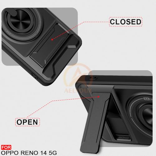 Image of Oppo Reno 14 5G Back Cover | Armor Camera Slider 360 Degree Rotating Finger Ring Holder Case with Bracket Stand Back Case Cover (Compatible with MagSafe Accessories) (Black)