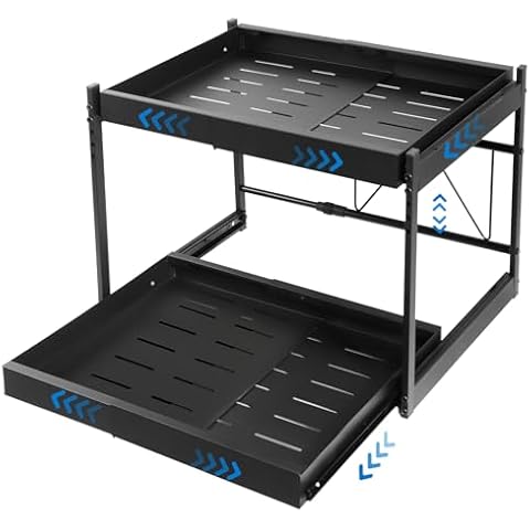 XIAPIA 2 Tier Pull Out Cabinet Organizer, Expandable(14.4"-20.3") Pull Out Drawers for Cabinets, Pull Out Sliding Shelves for Kitchen, Under Sink, Bathroom, 16.5" Deep (Black, 16.53" Deep) Cover