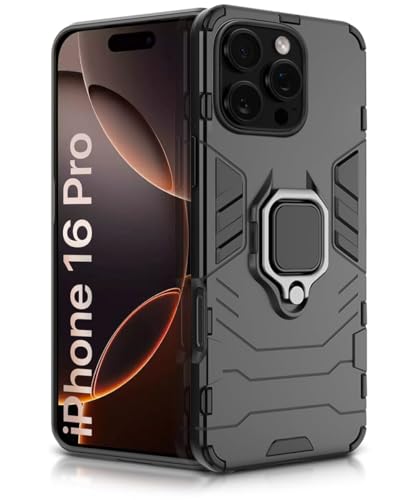 Image of WOW IMAGINE Shock Proof Back Case Mobile Cover for iPhone 16 Pro | Back Cover Case (Tough Armor | Hybrid PC + TPU | Ring Holder & in-Built Kickstand | Black)
