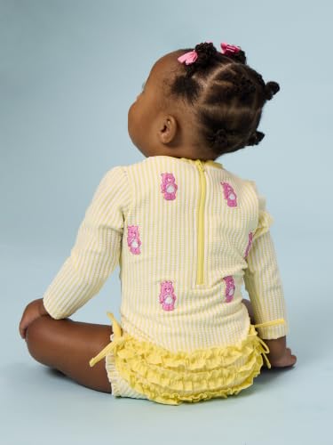 Image of RuffleButts Baby Girls Seersucker Rash Guard - One Piece Swimsuit UPF 50+ | Premium Quality, 4-way Stretch, Snap + Zipper Closure, Long Sleeves, Hand Wash, UPF 50+ Sun Protection