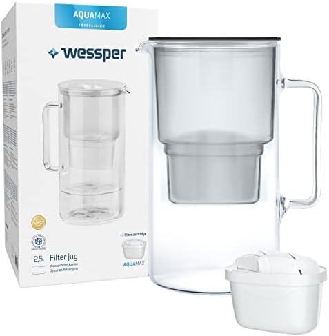 Wessper Szklana karafka na wodę z filtrem, kompatybilny z Brita Maxtra, redukuje wapno, chlor i metale występujące w wodzie, 2.5 Litra, Czarna