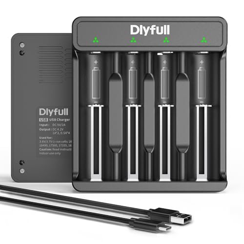 Dlypow 18650 Battery Charger 4 Bay Smart Universal Charger with USB-C Fast Charging, for 3.7V Li-ion Rechargeable Battery 18650 26650 21700 18500 18350 16340(RCR123A) 14500 10440，Cable Included