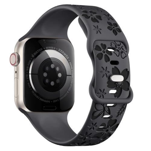 Floral Engraved Band Compatible with Apple Watch Band Women 40mm 38mm 41mm, Soft Silicone Two-Tone Flower Sport Strap for iWatch Series 10 9 8 7 6 5 4 3 2 1 SE Ultra-DGBK by CreateGreat - Image 2