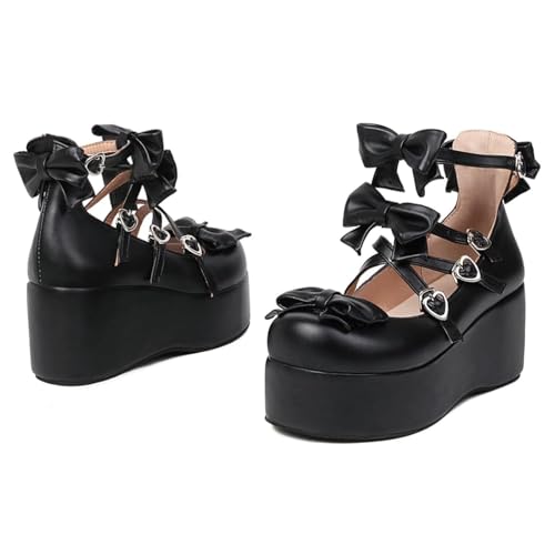 Elbslutt Womens Goth Mary Jane Shoes Platform Kawaii Cosplay Girls Lolita Shoes Round Toe Buckle Cross-Tied Strap Chunky Wedge Heel Bow Y2k Ankle Strap Dress Pumps Oxfords Shoes2