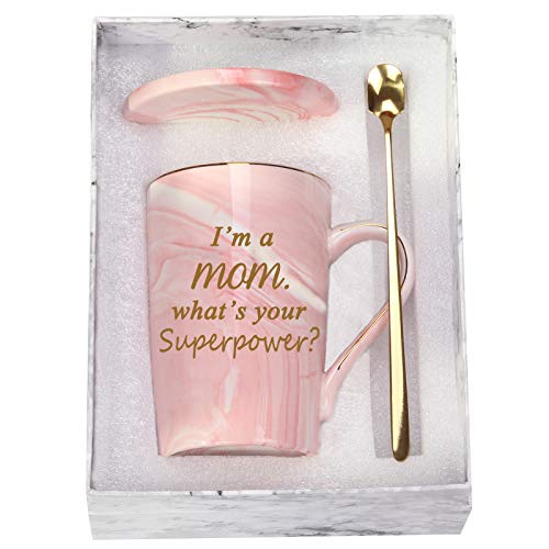 Im a Mom Whats Your Superpower Cup Mug Im a Mom Superpower Mug Birthday Mothers Day Gifts for Mom from Daughter Son Funny Mom Coffee Mug 14 Ounce Pink with Gift Box Spoon Coaster