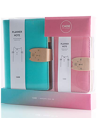 Leather Binder Journal Refillable Cat Notebook 6-Ring Loose Leaf Binder Spiral Diary Mini Binder Planner (Green Set)