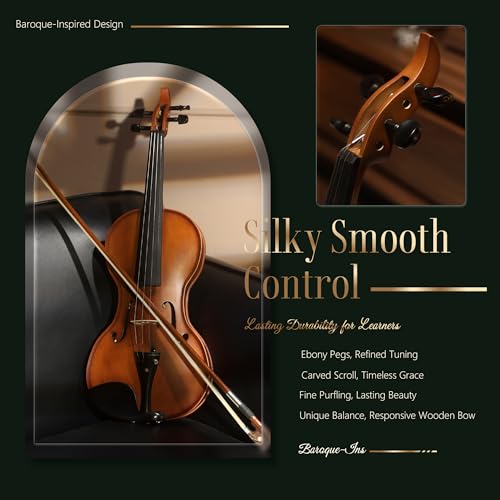 Image of AKLOT 4 /4 Full Size Violin: Ergonomic, Stable Tuning, Anti-crack Solid Wood, Premium Ebony, For Beginners, With Hard Case, Tuner, Spare Strings, Bow, Shoulder Rest, Lesson Book (VRT-SpcMB)