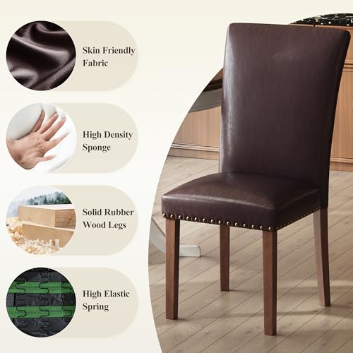 Image of COLAMY Parsons Dining Chairs Set of 6, PU Leather Dining Room Kitchen Side Chair with Nailhead Trim and Wood Legs - Dark Brown