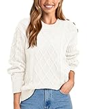 BTFBM Women's Long Sleeve Cable Sweater Crew Neck Button Shoulder Oversized Casual Fall Winter Knit Pullover Jumper Tops(Solid White, Medium)