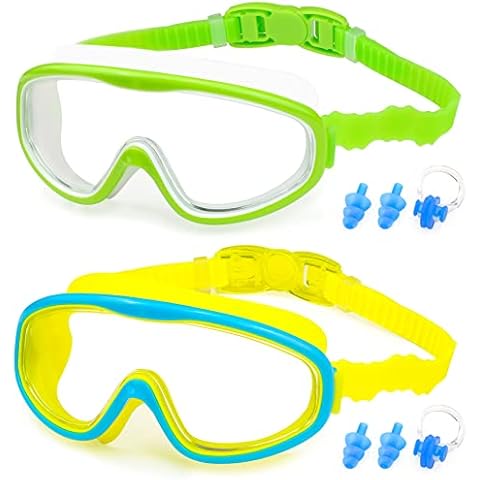 KAILIMENG 2 Pack Kids Swim Goggles, Clear Wide View No-Leak Anti-Fog UV Protection Swimming Glasses with Nose Clip Earplugs for Toddlers Youth Child 3-15 Years Old (Green & Blue Yellow, 2 Pack) Cover