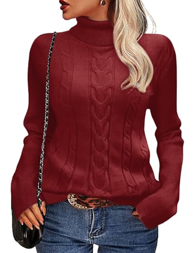 Image of Xnova Winter Jumpers for Women Turtleneck Cable Knit Sweaters Ladies Long Sleeve Tops Warm Chunky Jumper Roll Neck Slim Fit Pullover Knitwear, Wine Red, L