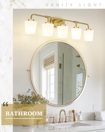Image of Bathroom Light Fixtures Over Mirror, 5-Light Brushed Gold Vanity Lighting Fixtures with Milk White Glass, 38inch Farmhouse Champagne Bronze Wall Sconces Lighting, AD-22004-5W-GD