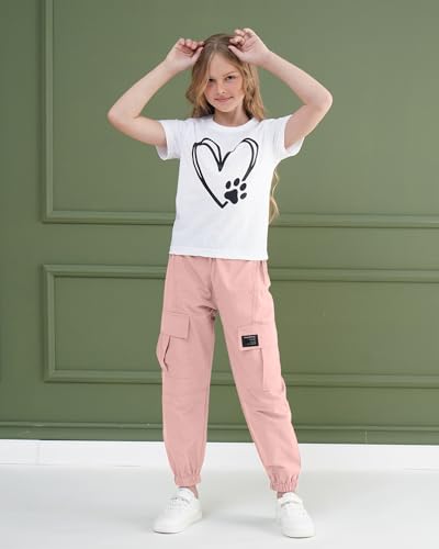 Image of ARTMINE Girls' 2 Piece Outfits Casual Drawstring Jogger Pants and Basic Short Sleeve Top Set, 6-14 Years