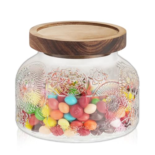 Wagrvuy 25 Oz Glass Candy Jar with Wooden Lid - Vintage Airtight Food Storage Container for Kitchen Pantry Office Decor, Clear Cookies Canister Organize Coffee Sugar Tea Spice Nuts Snacks