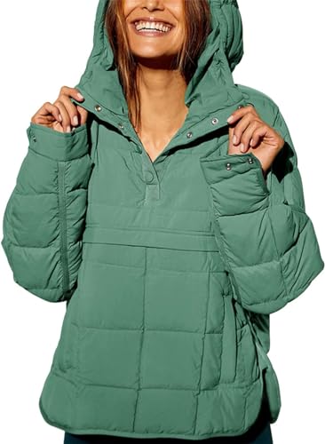 ELizoop Oversized donsjack met capuchon voor dames, gewatteerde lichtgewicht jas met lange mouwen, warme gewatteerde wintertrui (S, groen)