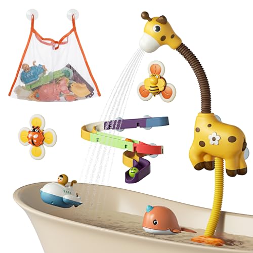 TUMAMA Baby Bath Toy,Bathtub Toys with Giraffe Shower Head,Suction Spinner Toys,Wind-Up Toys,Splicing Slides,Spray Squirt Shower Faucet and Water Pump Summer Essentials for Kids Toddlers Infants