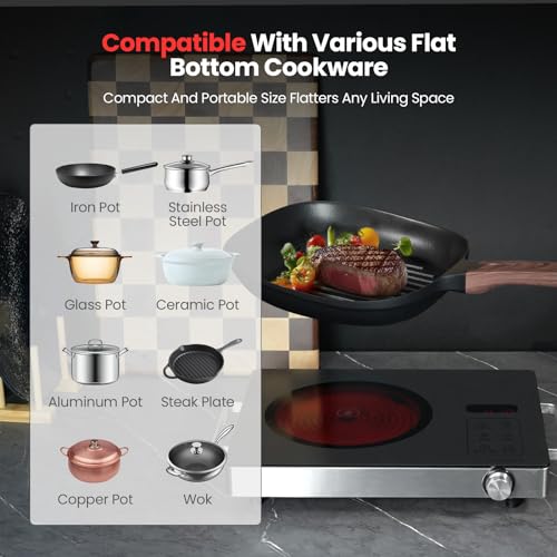 VEXMAECY Portable Ceramic Cooktop Infrared Hot Plate,Stainless Steel Countertop Burner With Double Rings Heating Dual Control 10 Power 3H Timer Electric Stove For Cooking 1800W(Gray) - Thumbnail 2