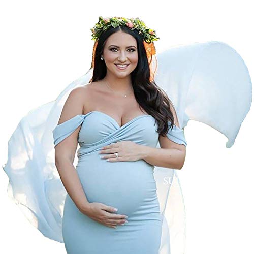 Image of COSYOU Maternity Dress Photo Dress Off Shoulder Cotton Tops with Long Chiffon Flowy Train Maxi Dress for Maternity Photo (Sky Blue, one_Size)