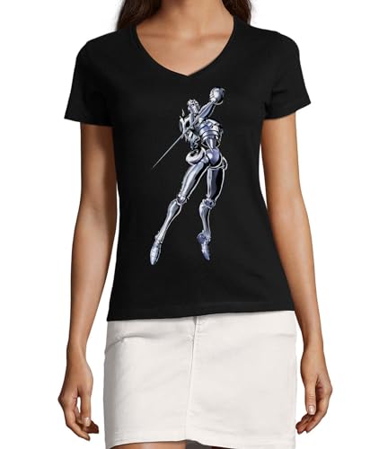 T-shirt Anime 82 col V en coton noir femme mode urbaine manga et vetement decontracte