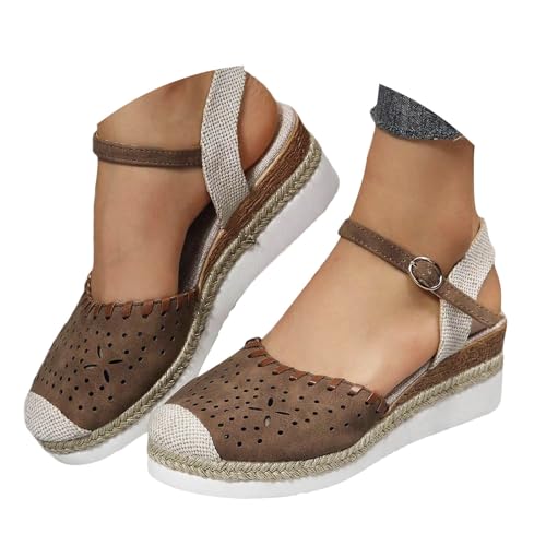 Xbemkste dam fritid kilsandaler med justerbar rem espadrill stängda tår sandaletter dam platå sommarskor vintage sandaler, kaffe, 37.5 EU