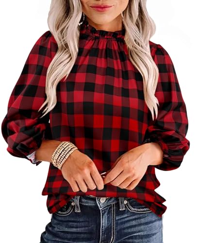 Avanova Women Buffalo Plaid Shirts Blouses Dressy Casual Business Work 3/4 Sleeve Length Tops Red Black Medium