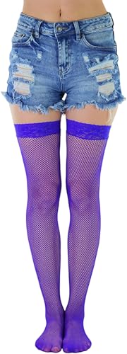 Image of ToBeInStyle Women's Wide Floral Lace Fishnet Thigh Hi Stockings