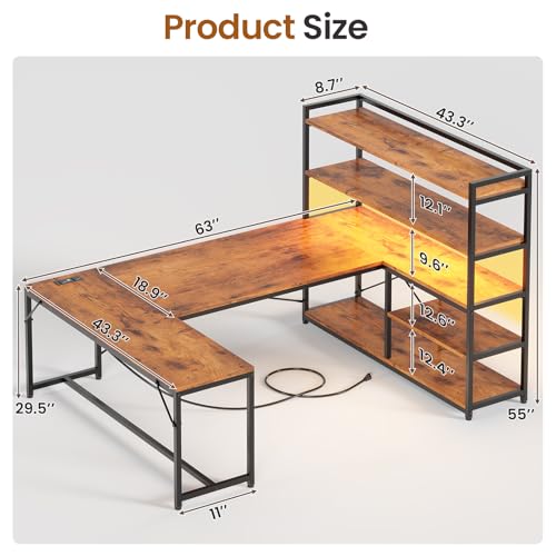 SEDETA L Shaped Desk with Storage Shelves, 63” Reversible U Shaped Office Desk, Gaming Desk with Power Outlet and LED Lights for Home Office, Rustic Brown