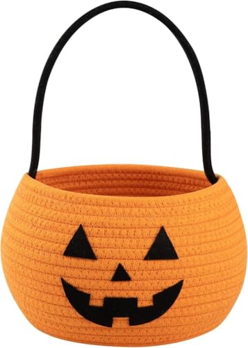 Pumpkin Storage Basket | Woven Cotton Rope Bin | Cute Halloween Candy Bowl Trick or Treat Bag Boo Gift Stuffer Filler | Multipurpose Home Organizer & Gift Basket with Handles | Decorative Container