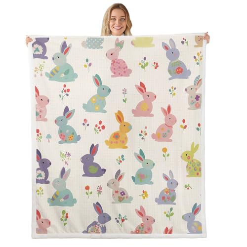 Manfei Kawaii - Manta de conejo con diseño de dibujos animados, manta con temática de Pascua para cama, sofá, decoración de habitación de niños y niñas, manta de forro polar suave y transpirable (90 x