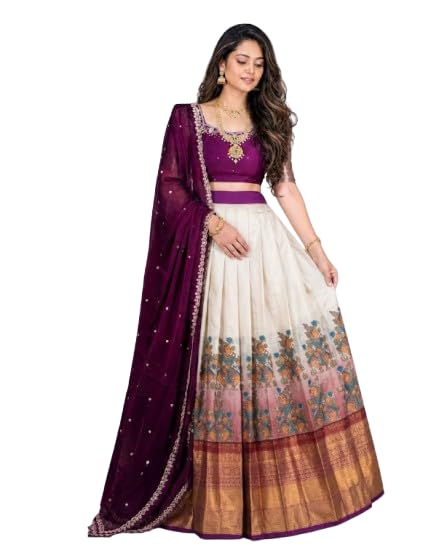 ziton Women's Lehenga Choli Set, Off-White and Purple Floral Print-picture-26