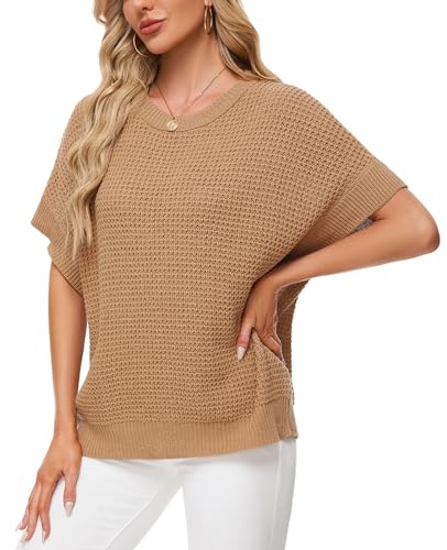 Image of MINTLIMIT Womens Batwing Short Sleeve Sweaters Loose Oversized Waffle Knit Pullover Sweater Top