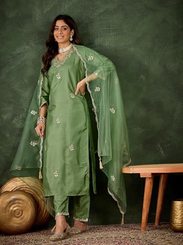 Image of VredeVogel Women's Ethnic Wear Embroidered Silk Blend Kurta Pant Set with Organza Dupatta | Festive & Casual Summer Kurti with Pants for Party Office & Ethnic Occasions