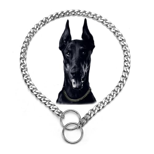Flat Silver Dog Chain Collars for Large Dogs,Heavy Duty Silver Metal Dog Collar,Adjustable Slip P Link Martingal Collar for Small Medium Big Animal L