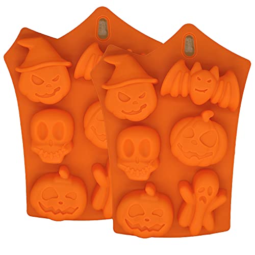 2 Packs Halloween Silicone Moulds, Chocolate Mould Silicone Pumpkin Ghost Skull Bat Shape Molds DIY Baking Mould for Thanksgiving Day Halloween Party
