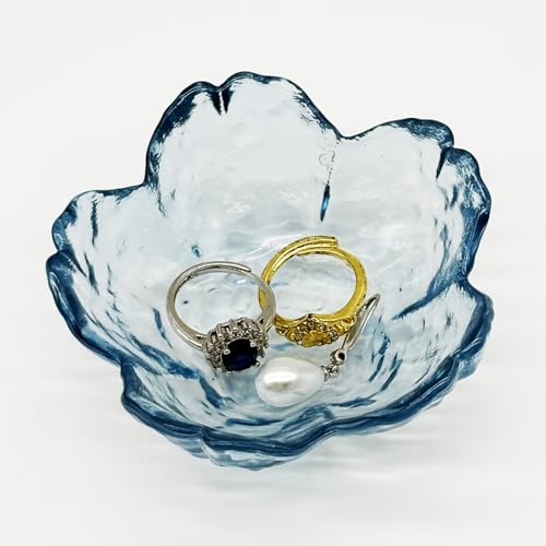 Flower Ring Dish Jewelry Tray, Glass Jewelry Dish Tray, Aesthetic Room Decor Small Trinket Dish, Nightstand Jewlery Ring Holder Dish, Bathroom Jewelry Plate Bowl for Rings Earrings Wife Gift (Blue)