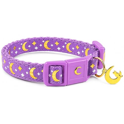 Image of WAAAG Cat Collars, Gold Moons and Stars Cat Collar, Safety Breakaway Cat Collar, Glow in The Dark (Standard 9 inch-15 inch Neck, Lavender)