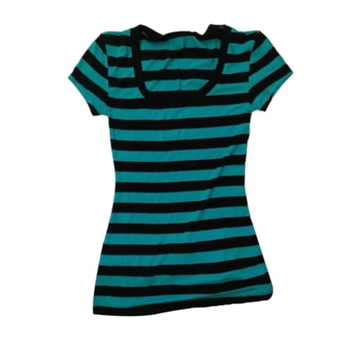 ORANDESIGNE Tshirt Damen Emo Grunge Tops Sommer Gestreiftes Vintage Oberteile Basic Bluse Kurzarm Tee Top Y2K Clothes Streetwear A Grün XS